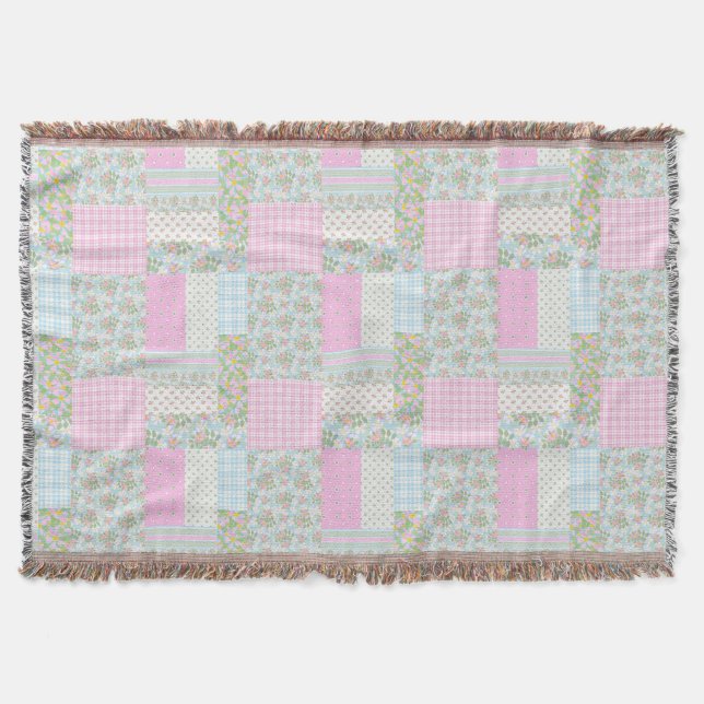 Söt Rosa Blue Hund Ro Faux Patchwork Filt (Framsidan)