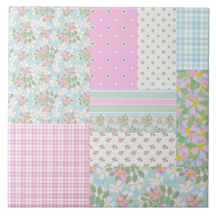 Söt Rosa Blue Hund Ro Faux Patchwork Kakelplatta