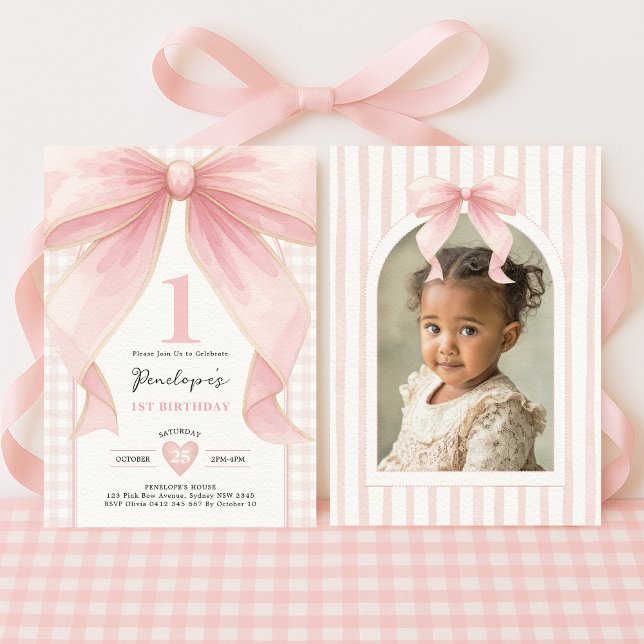 Söt Rosa Bow Coquette Ribbon Girl 1st Birthday Inbjudningar (Skapare uppladdad)