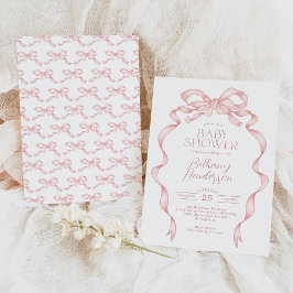 Söt Rosa Bow Ribbon Girl Baby Shower Inbjudningar