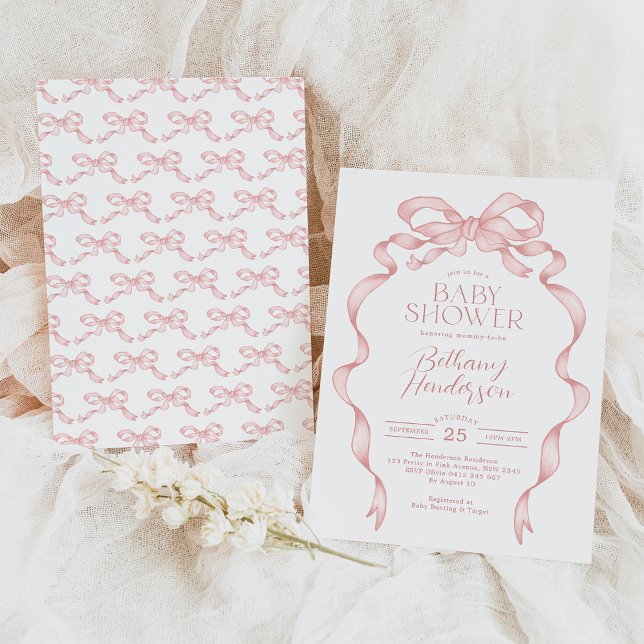 Söt Rosa Bow Ribbon Girl Baby Shower Inbjudningar (Skapare uppladdad)