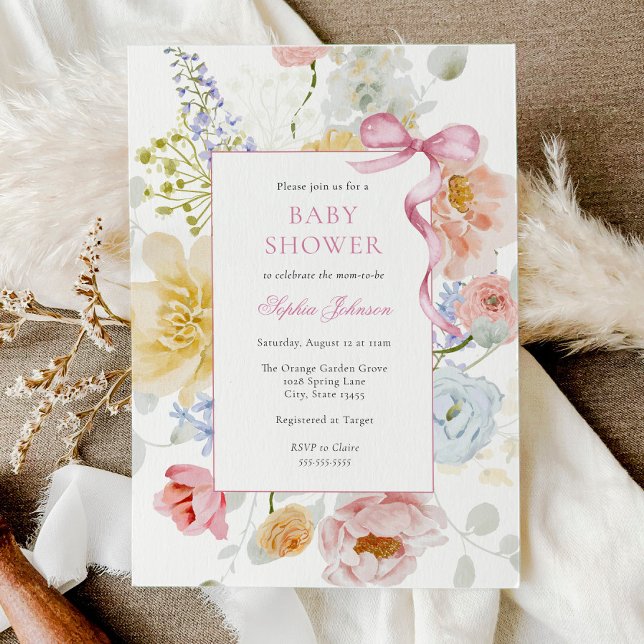 Söt Rosa Bow WildblomBaby Shower Inbjudningar (Skapare uppladdad)