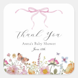 Söt Rosa Bow Wildblommor Baby Shower-favorittagg Fyrkantigt Klistermärke