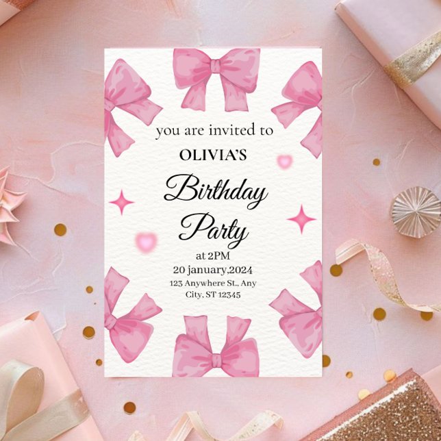 Söt Rosa Bows Birthday-inbjudan för flickor Inbjudningar (Skapare uppladdad)