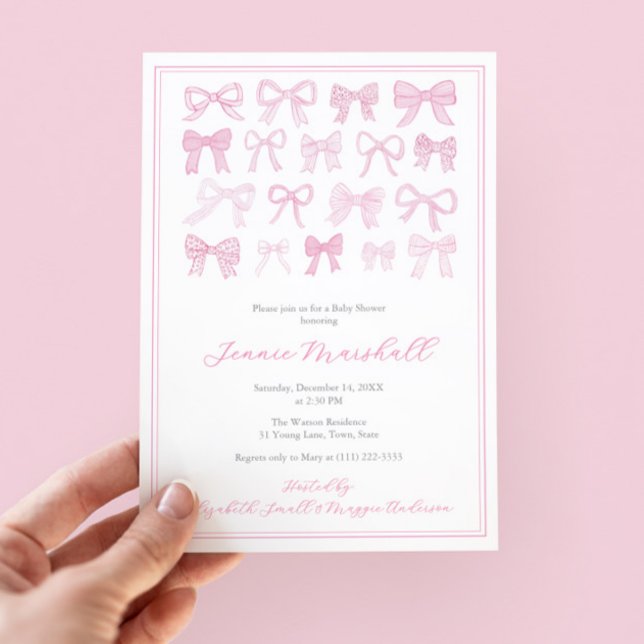 Söt Rosa Bows Girl Baby Shower Party Inbjudningar (Pretty pink and white hand painted watercolor bows baby shower invitation for little girl)