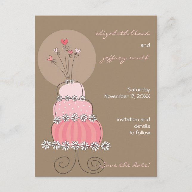 Söt Rosa Bröllopstårta Whimsical Save The Date Meddelande Vykort (Framsida)