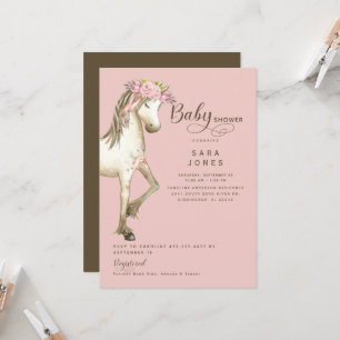 Söt Rosa & Brun Ponny Vattenfärg Baby Shower Inbjudningar