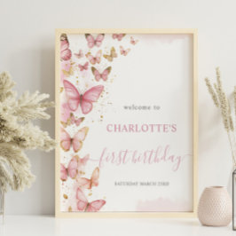Söt Rosa Butterflies 1:a födelsedag Välkommen Poster