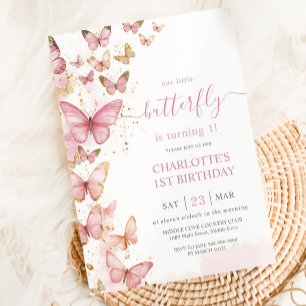 Söt Rosa Butterflies Girl 1st First Birday Inbjudningar