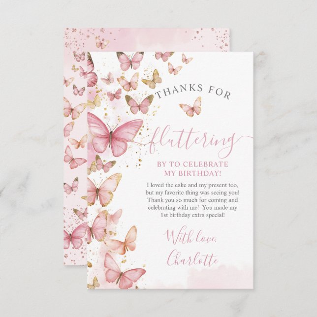 Söt Rosa Butterflies Girl 1st First Birday Tack Kort (Fram/baksida)