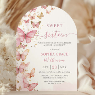 Söt Rosa Butterflies Sweet 16 Birthday Arch Inbjudningar