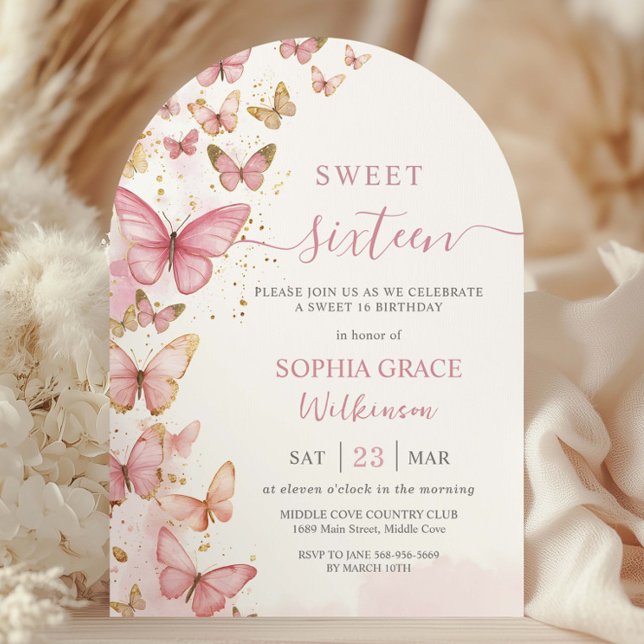 Söt Rosa Butterflies Sweet 16 Birthday Arch Inbjudningar (Skapare uppladdad)