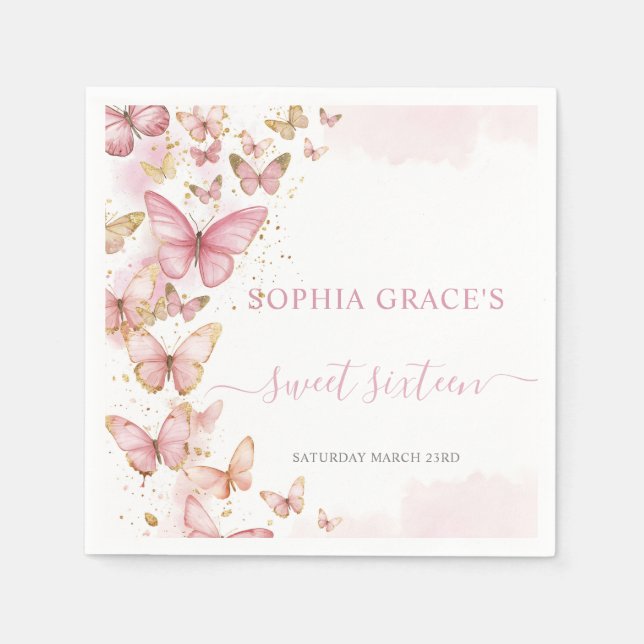 Söt Rosa Butterflies Sweet 16 Quinceanera XV 15 Pappersservett (Framsidan)