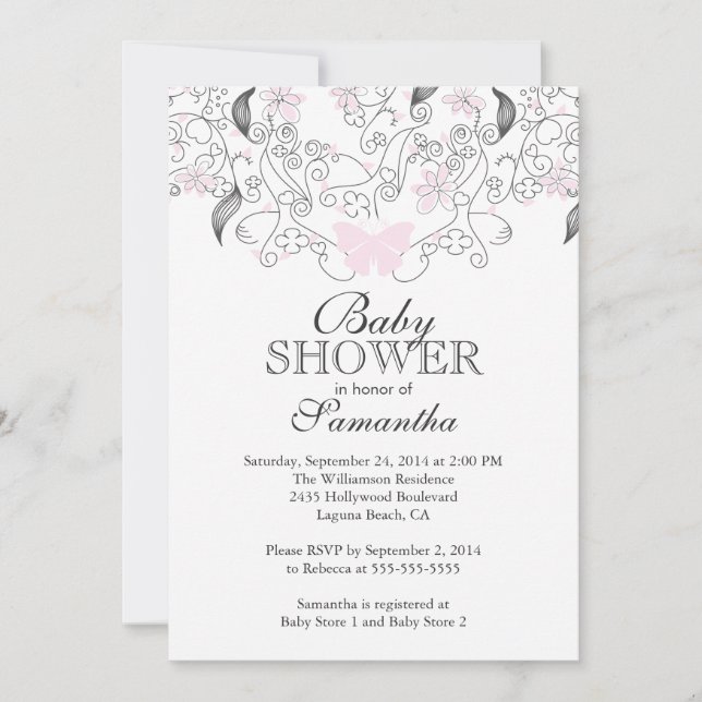 Söt Rosa Butterfly Flicka Baby Shower Inbjudningar (Framsida)