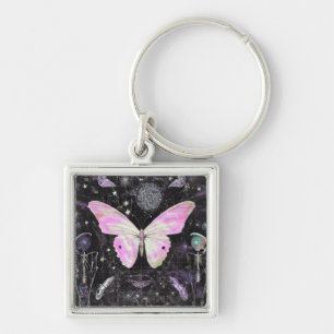 Söt Rosa Butterfly Fyrkantig Silverfärgad Nyckelring