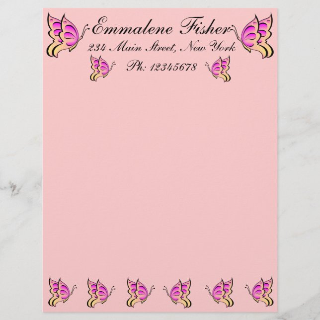 Söt Rosa Butterfly Letterhead Brevhuvud (Framsida)