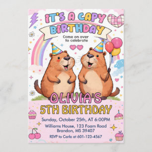 Söt Rosa Capy Födelsedag - Flickig Capybara Födels Inbjudningar
