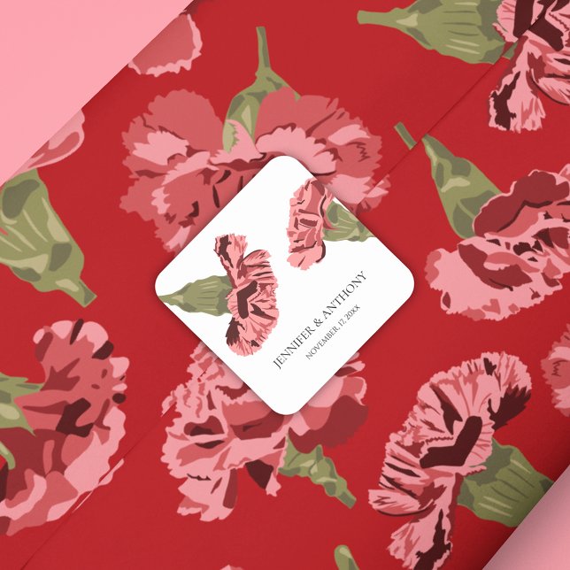 Söt Rosa Carnations Flowers on Red Patterned Presentpapper (Skapare uppladdad)