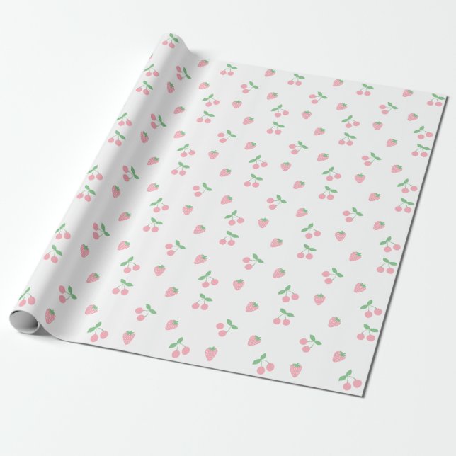 Söt Rosa Cherry Strawberry Aesthetic Mönster Presentpapper (Utrullad)