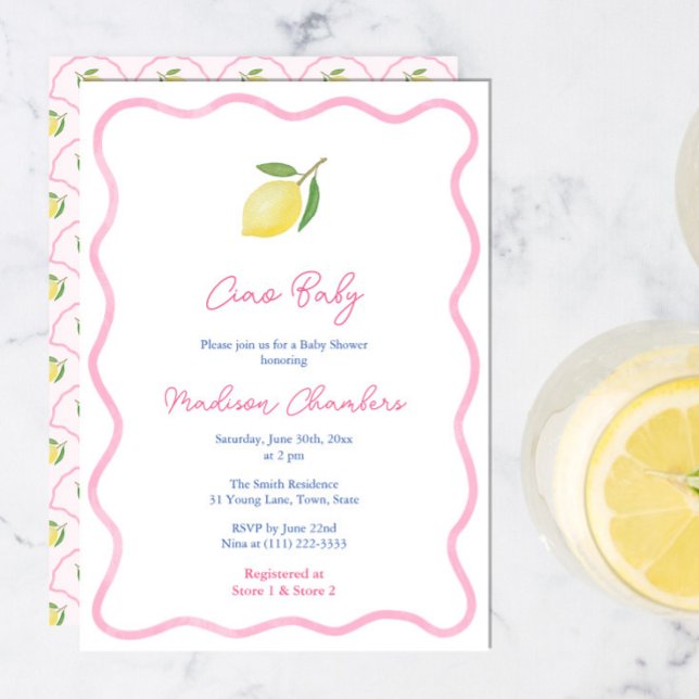 Söt Rosa Ciao Baby Lemon Flicka Bebis Shower Inbjudningar (Ciao Baby Pretty Pink Wavy border citrus lemons baby shower invite with scallop pattern reverse)