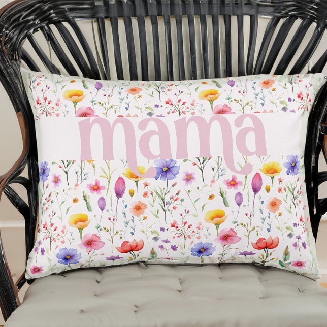 Söt Rosa Colorful Wildblomma Mönster Mamma Prydnadskudde (Mama accent pillow from my Mother's Day Wildflower Collection)