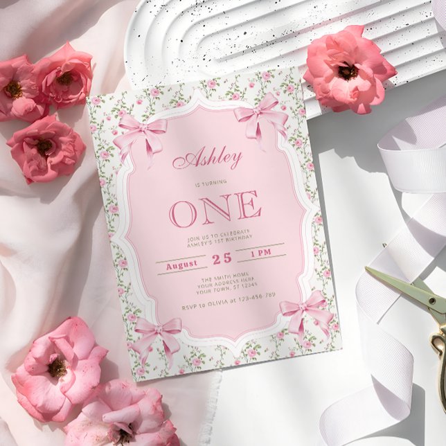 Söt Rosa Coquette-slöja 1-års födelsedag Inbjudningar (Skapare uppladdad)