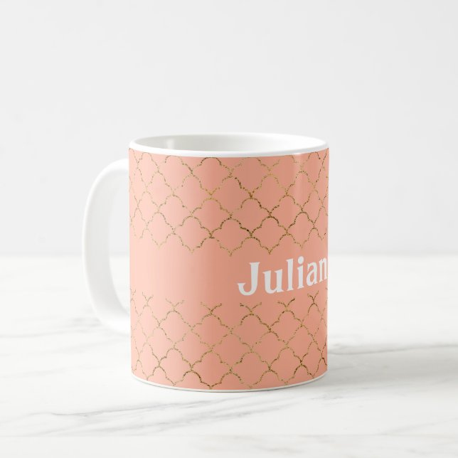 Söt Rosa Coral Guld Quatrefoil Personlig Kaffemugg (Framsida vänster)