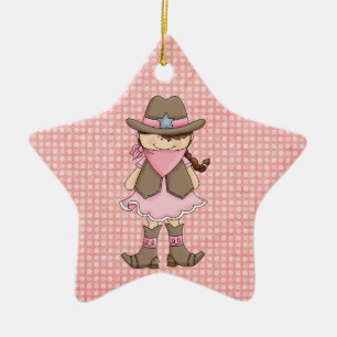 Söt Rosa Cowgirl (bruna hår) & Sheriffs Badge Julgransprydnad Keramik