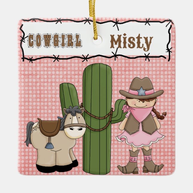 Söt Rosa Cowgirl (brunt hår) och Pony-2 sided Julgransprydnad Keramik (Framsida)