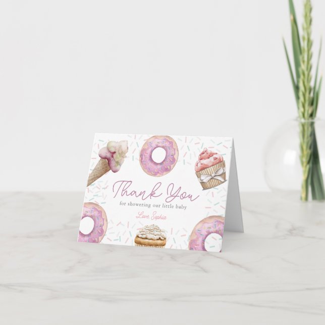 Söt Rosa Cupcake & Donut Baby Shower Tack Kort (Framsida)