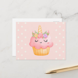 Söt Rosa Cupcake Enhörning med Rosor Vykort