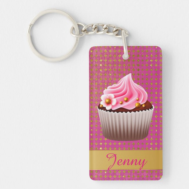 Söt Rosa Cupkaka Anpassningsbar Keychain (Framsidan)