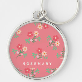 Söt Rosa Daisy Bukett Retro Boho  Rund Silverfärgad Nyckelring