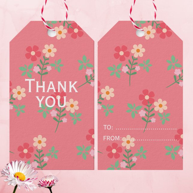 Söt Rosa Daisy Bukett Retro Mönster Tack Presentetikett (The text on the front is "Thank you" and text on the back is "TO / FROM". Or custom it to suit you.)