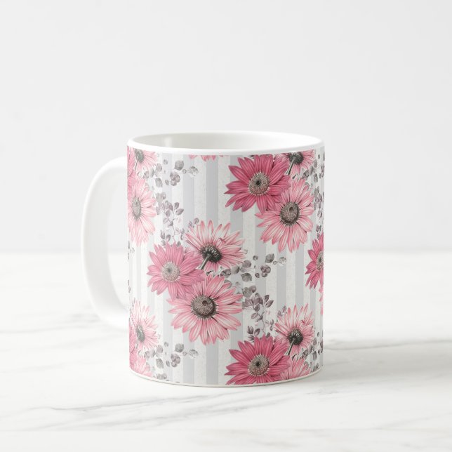 Söt Rosa Daisy Stripe-Blommönster Kaffemugg (Framsida vänster)