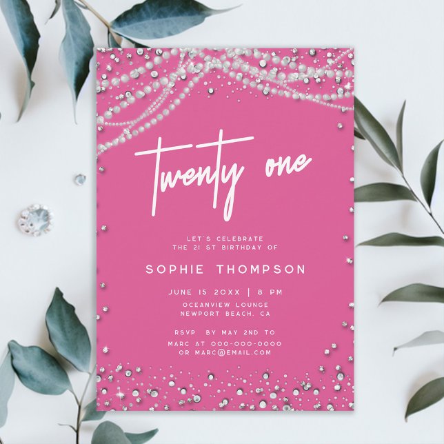 Söt Rosa Diamonds Pearls Elegant 21:a födelsedagen Inbjudningar (diamonds and pearls 21st birthday invite for girls pretty pink elegant classy modern girly feminine)
