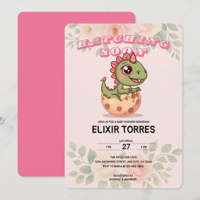 Söt Rosa Dino Kläcks Snart Inbjudningar (Fram/baksida)