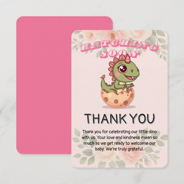 Söt rosa dino kläcks snart tack kort (Fram/baksida)