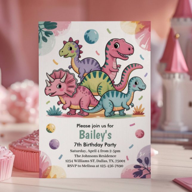 Söt rosa dinosaurie - 7-års födelsedagsfest för ba inbjudningar (Skapare uppladdad)