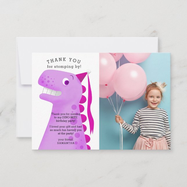 Söt Rosa Dinosaurie Födelsedagsfest Foto Tack Kort (Framsida)