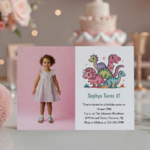 Söt Rosa Dinosaurie Foto Barn 2-års Födelsedagsfes Inbjudningar