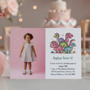 Söt Rosa Dinosaurie Foto Barn 3-års Födelsedagsfes Inbjudningar