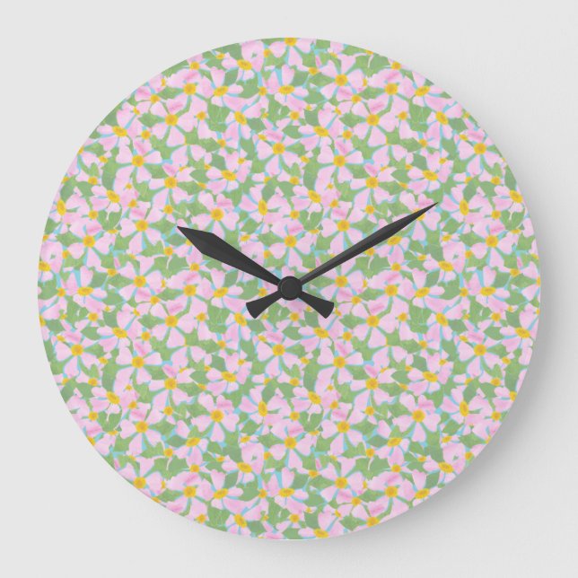 Söt Rosa Dogroses on Himlar Blue Round Wall Clock Stor Klocka (Framsida)