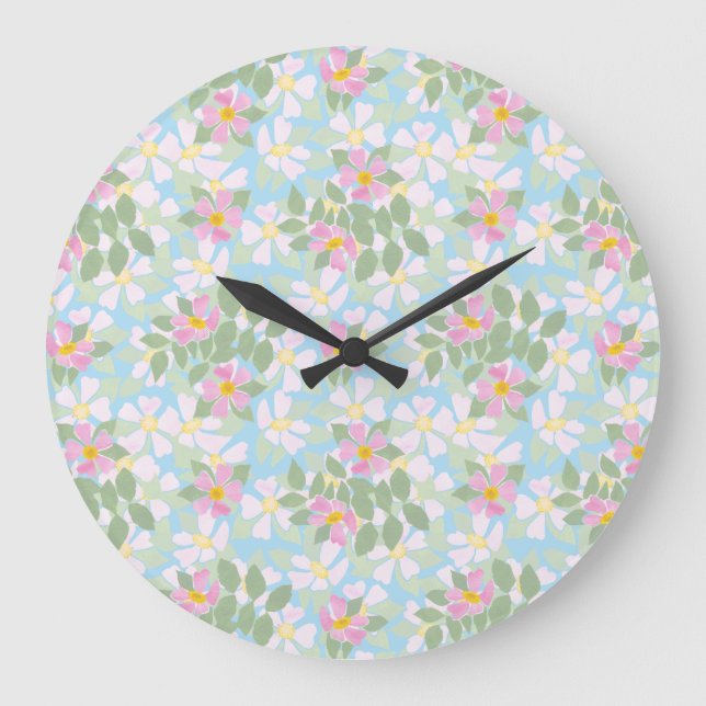 Söt Rosa Dogroses on Himlar Blue Round Wall Clock Stor Klocka (Framsida)