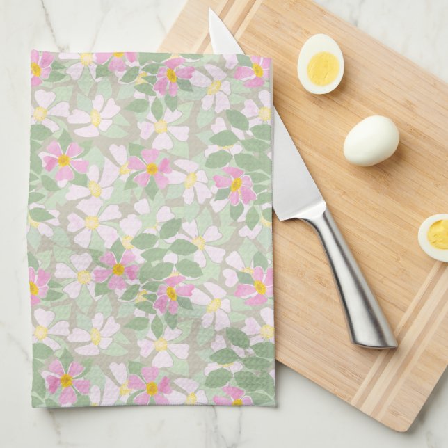 Söt Rosa Dogroses på Taupe Kitchen Towel Kökshandduk (Vikt i Fjärdedel)