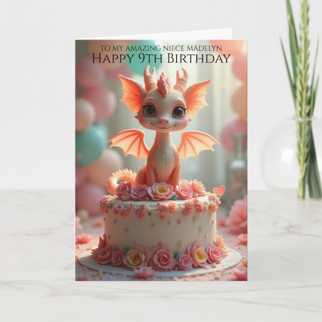 Söt Rosa Dragon Niece 9 Birthday Hälsning Kort (Framsida)