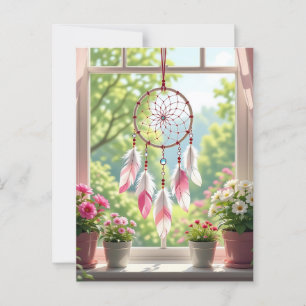 Söt Rosa Dreamcatcher and Plants Window Sill Vykort