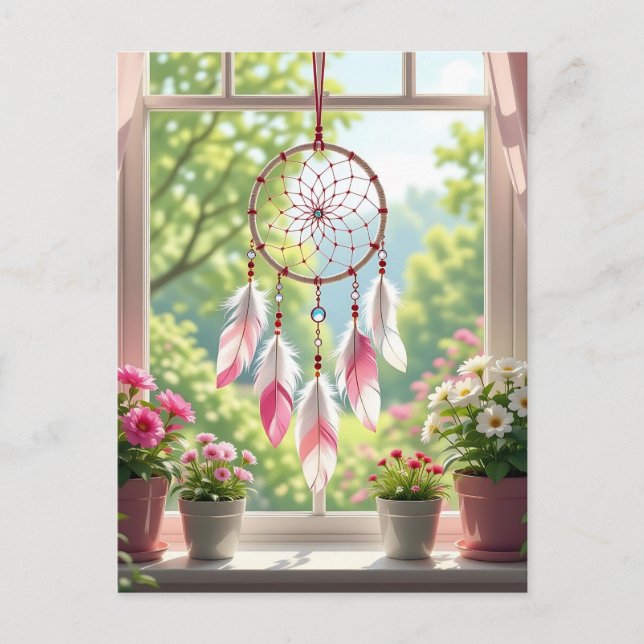 Söt Rosa Dreamcatcher and Plants Window Sill Vykort (Framsida)