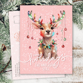 Söt Rosa Dreamy Reindeer och jul Ljus Vykort