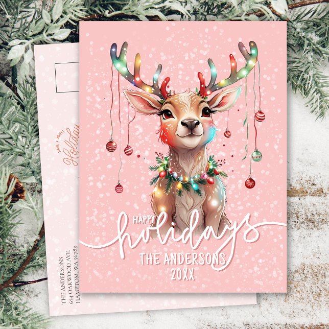 Söt Rosa Dreamy Reindeer och jul Ljus Vykort (Skapare uppladdad)